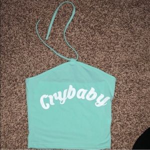 Women’s halter shirt baby blue tie around neck spaghetti strap tank crop top L